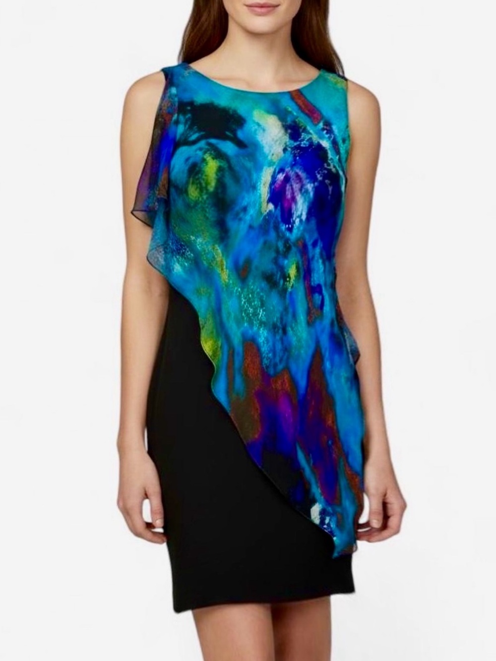 Aidan Mattox Abstract Watercolor Silk Overlay Black Sheath Bodycon Mini Dress